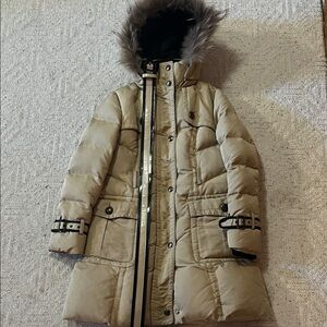 E Land Women's Beige Puffer Coat with Faux Fur Trim